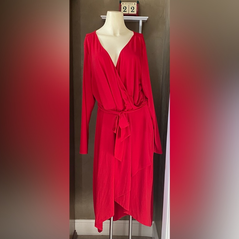 SIGNATURE COLLECTION Faux Wrap Dress Midi Size 1X Red Jersey Knit Bodycon Sheath